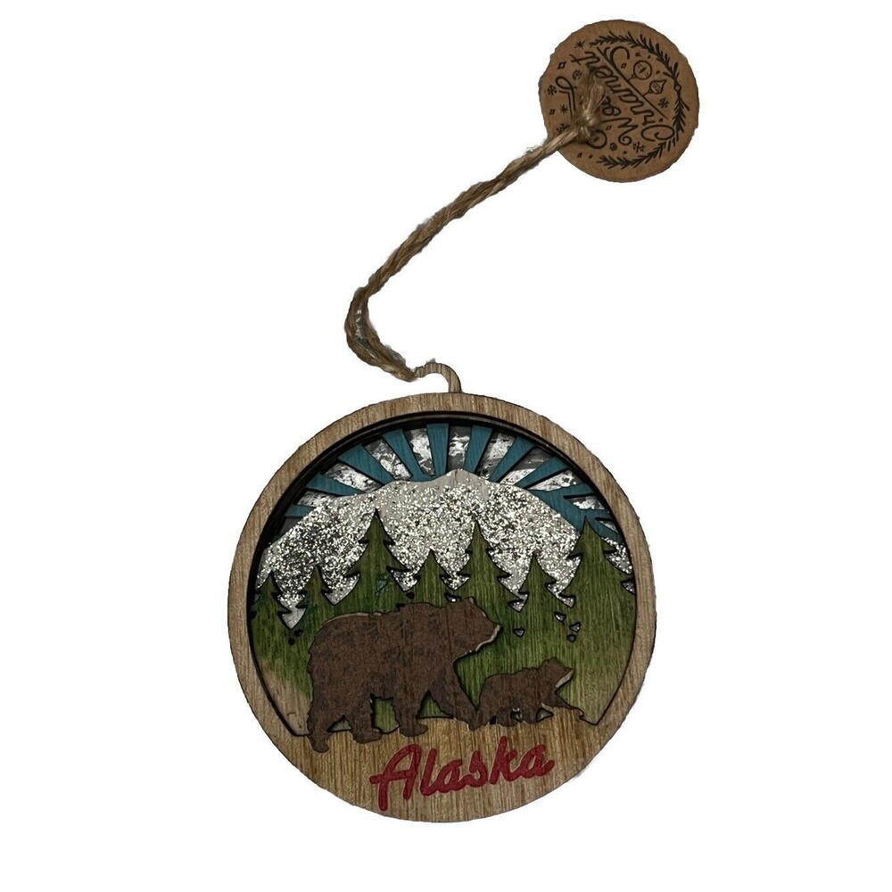 Christmas Wood Ornament Bear Cub Alaska Mountains Trees 3D Layers Round Hanging